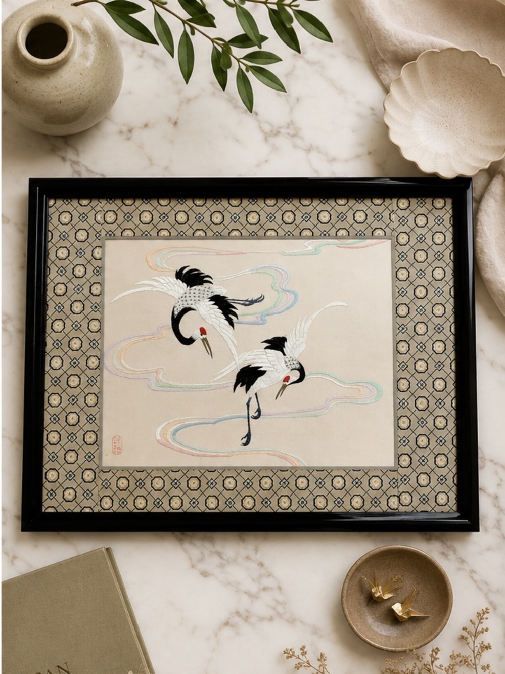 Mid Century silk embroidered framed Japanese Cranes in Flight EC *Signed*